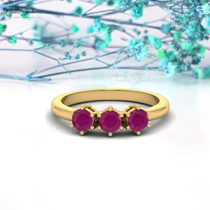 Anillo de compromiso y boda de oro amarillo macizo de 14k con 3 rubíes naturales de corte redondo de 4mm, producto de moda, regalo para mujer - Product Image 3