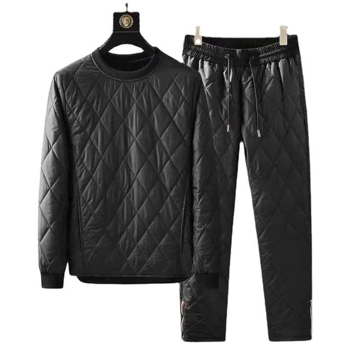 Autumn Winter Men's Two-piece Set O-neck Pullover Cotton Coat Pants Men Pajamas Geometric Patter Warm Thicke Suit Male Outfits