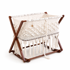 Boho macrame baby cradle with wooden stand handmade cotton rope bassinet <b>swing</b> crib nursery decor foldable frame - Product Image 4
