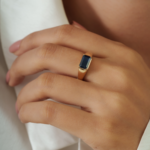 Premium Quality 6x9 mm Octagon Cut <b>Blue</b> Sapphire Signet <b>Ring</b> For Unisex Real K14 Yellow Gold New Style Trending Jewelry Supplier - Product Image 2