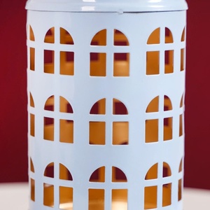 Charming Light Blue Metal <b>Lantern</b> With House Style Window Cutouts Features A Gold Interior And Handle For Cozy Holiday Lighting - Product Image 5