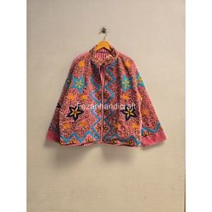 Veste en polaire rose brodée à la main avec motif floral géométrique, col mandarin, fermeture éclair, vêtements d'extérieur pour femmes, automne - Product Image 1