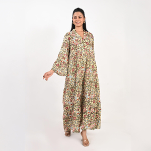 Vestido Largo de Algodón Estampado Bohemio con Mangas Acampanadas, Cuello en V, Ajuste Cómodo, Tela Ligera, para Salidas Casuales, Moda de Verano - Product Image 4