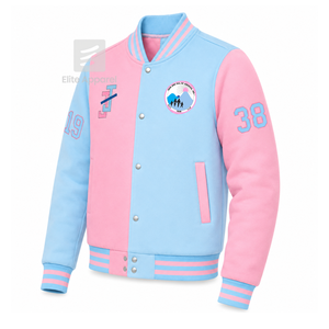 Chaqueta universitaria personalizada de la hermandad Jack & Jill of America, azul cielo y rosa, manga larga, cierre frontal con cremallera, cuello con ribete, logotipo bordado. - Product Image 2