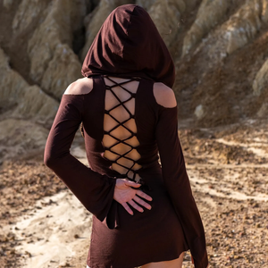 Robe à capuche marron féerique pour femme, dos nu, style bohème, tenue de festival, tenue forestière, mini-robe - Product Image 1