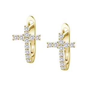 Cross Dangle Diamond Huggie <b>Hoop</b> <b>Earrings</b> Lab Grown Wholesale14k 18k Gold Dainty Hinged Small Cristian Region Gift Manufacture - Product Image 1