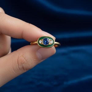 Anillo Ovalado de Zafiro Azul Real, Plata de Ley 925, Chapado en Oro de 14K, Halo de Esmalte, Estilo Vintage, Anillo de Promesa con Piedra de Nacimiento de Septiembre - Product Image 5