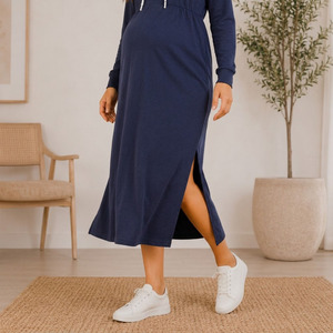 Robe de maternité à capuche, manches longues, couleur unie, longueur mi-mollet, en coton respirant et élasthanne, chemise de nuit ample pour femme, automne - Product Image 6