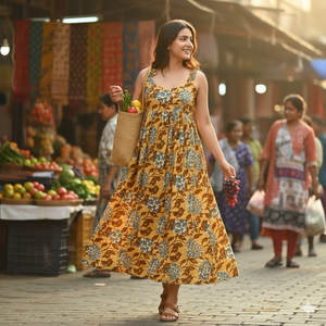 Vestido Floral Artesanal con Estampado a Mano para Mujer, Espalda Fruncida, Elástico, Ajuste Cómodo, Cremallera Lateral, Sin Mangas, Largo hasta la Rodilla, Estilo Skater - Product Image 5