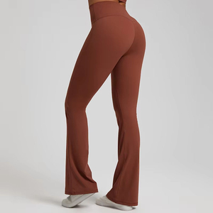Custom Logo Mid Waist Tight <b>Flared</b> Knitted <b>Leggings</b> Breathable Quick Dry Ankle-Length Streetwear Women Spandex/Polyester 280g - Product Image 1