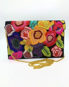 Black Floral Beaded Clutch Women's Bohemian Party Evening Bag Zip Closure Stylish <b>Handbag</b> - Product Image 2