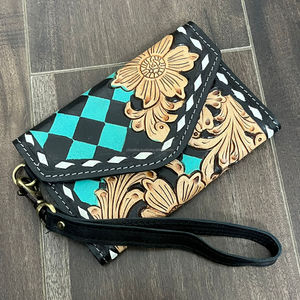 OEM ODM Customized Hand Tooled Leather Wallet Checkered Pattern Cowgirl <b>Wristlet</b> Wallet Boutique Purses RFID Card Holder Clutch - Product Image 5