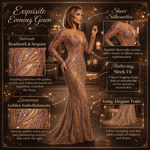 Robe de soirée longue en sequins illusion nude de luxe, ornée de perles à la main, pour femmes |   Robe asymétrique à manches longues, col en V profond et fente haute - Product Image 5