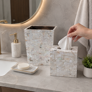 Luxury Mother of Pearl Bathroom Accessories Set | Handmade Tissue <b>Box</b> Waste <b>Bin</b> <b>Storage</b> Organizer for Eid Ramadan Wedding Decor - Product Image 5