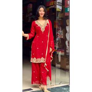 Salwar Kameez Rojo de Fiesta PD-Aarohi Designer XL con Top, Pantalón Plazzo y Dupatta, Hecho de Poliéster - Product Image 3