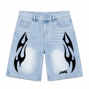 Shorts en jean pour homme avec impression graphique personnalisée, style streetwear Y2K, bleu clair, baggy, jorts, hip hop, tribal, coupe ample, longueur genou - Product Image 2
