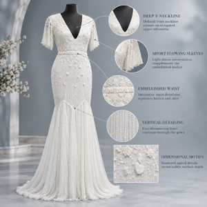 Beaded Mermaid <b>Evening</b> Dress Deep V Neck Flowing Short Sleeves Formal Party | <b>White</b> Floor Length Floral Embellished Trumpet <b>Gown</b> - Product Image 5