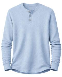 Mens Waffle Henley Long Sleeve <b>Thermal</b> T Shirt Light Blue Casual Button Neck Winter Wear <b>Top</b> Cotton Slim Fit Breathable Fabric - Product Image 2