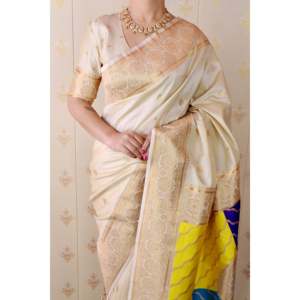 ผ้าไหมนุ่มแบบบาแนรัส พร้อมผ้าคลุมไหล่หลากสีครีม ทอแบบซารี  สำหรับเสื้อผ้าอินเดียและปากีสถาน - Product Image 3