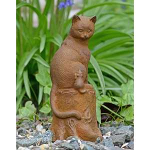 รูปปั้นแมวเหล็กหล่อนั่งบนเสาต้นไม้ ตกแต่งสวนแบบผิวสนิม ผู้จำหน่าย - Product Image 1