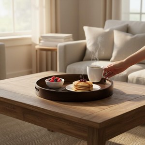 Rustic Wood Tray – Farmhouse <b>Coffee</b> <b>Table</b> & Vanity Decor Round Wooden Charger Plate Appetizer Kitchen Platter for Dishes - Product Image 3