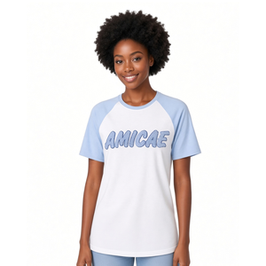 T-shirt unisexe décontracté à manches courtes en coton doux, col rond, bleu clair et blanc, en chenille de qualité supérieure, avec motif lettre brodé - Product Image 2