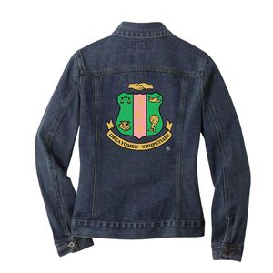 Chaqueta Vaquera Azul Oscuro para Mujer con Gran Escudo Bordado en Verde y Dorado, Cierre de Botones, Manga Larga, Estilo Casual Clásico - Product Image 5