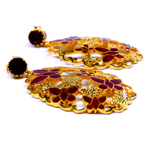 Boucles d'oreilles pendantes vintage plaquées or avec fleurs et cristaux rouges, bijoux de fête pour femmes - Product Image 4