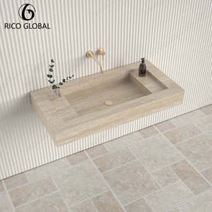 Lavabo Rectangular Moderno de Mármol para Baño, Montado en la Pared, con Acabado Pulido y Grifo con Detalles en Dorado - Product Image 3