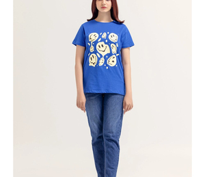 เสื้อยืดลำลองผู้หญิงสีน้ำเงิน ผ้าวูล คอวี แขนสามส่วน ลายทาง พิมพ์ลาย ทรงปกติ ระบายอากาศได้ดี ผ้าเจอร์ซีย์สีตัดต่อ - Product Image 1