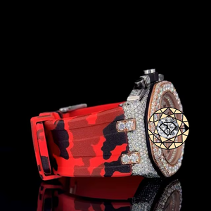 Montre chronographe de luxe incrustée de diamants pour hommes, 45mm, analogique, à Quartz, bracelet en caoutchouc, Design camouflage rouge, cristal saphir - Product Image 2