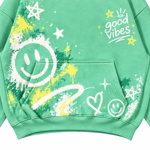 เสื้อฮู้ดสีเขียวขนาดใหญ่พิมพ์ลายยิ้มและดาว ดีไซน์กระเป๋าแบบฝรั่งเศส ผ้าฝ้าย 100% สำหรับใส่ในฤดูหนาว เหมาะสำหรับทั้งชายและหญิง - Product Image 4