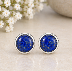 Lapis Lazuli <b>Silver</b> <b>Stud</b> <b>Earrings</b>, Natural Lapis Lazuli Gemstone <b>Earrings</b>, 925 <b>Sterling</b> <b>Silver</b> Round <b>Studs</b>, Blue Stone <b>Earrings</b>, - Product Image 4