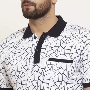 Chemise décontractée d'été à manches courtes pour homme en coton tricoté imprimé géométrique, motif lignes abstraites blanc et noir, qualité supérieure - Product Image 6