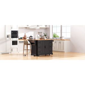 Isola da Cucina K K da 56 Pollici con 4 Ripiani, Presa di Corrente, Strisce Verticali in Rilievo, Piano Ribaltabile in Impiallacciatura di Legno di Gomma - Product Image 2