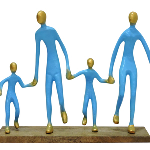 Escultura Familiar de Aluminio Hecha a Mano, Figura Abstracta Moderna en Azul y Dorado, Decoración para el Hogar, Estatuilla Minimalista para Sala de Estar - Product Image 1