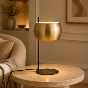 Lampe de table en métal Aurora Halo avec abat-jour globe flottant, finition brossée, base robuste, lumière ambiante chaude, accent élégant - Product Image 1