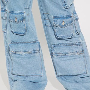Pantalones Cargo de Mezclilla Azul Claro de Cintura Alta, Corte Holgado, Estilo Utilitario, Tela de Algodón Lavado a la Piedra, para Primavera - Product Image 4