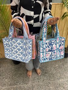 Premium <b>Mini</b> Women's Handmade Cotton Quilted <b>Tote</b> <b>Bag</b> with Chains Open Closure Water Resistant Summer Carry <b>Bag</b> - Product Image 3