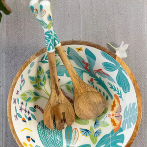 Tazón para Servir Hecho a Mano de Madera de Mango, con Diseño Floral Impreso Multicolor y Rayas, Tazón Redondo Decorativo de Madera para Ensaladas - Product Image 1