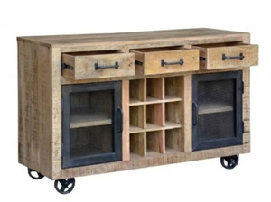 Gabinete moderno de madera maciza de mango estilo industrial rústico con ruedas de hierro y 3 cajones - Product Image 3