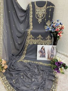 ชุดส่าหรีผู้หญิงความยาวระดับเข่า ผ้าจอร์เจตต์ปักลายฟ็อกซ์ งานปักแบบอินเดีย ชุดปากีสถาน สำหรับงานเทศกาล ชุดดีไซน์เนอร์แบบดั้งเดิม - Product Image 5