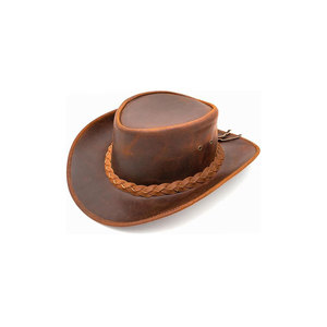 Leather Cowboy <b>Hat</b> With Braided <b>Band</b> Brown Wide Brim Outback Style <b>Hat</b> - Product Image 1