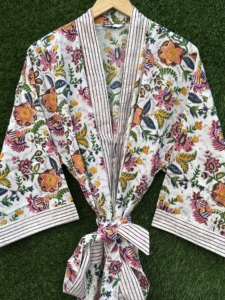 Robe Kimono en Coton Fleurie Faite à la Main pour Femme, 240g, Manches Longues, Ceinturée, Col en V, Tenue Décontractée de Nuit Printemps/Été, Peignoir de Resort - Product Image 3
