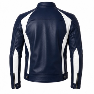 Veste en cuir pour homme bleu marine et blanc avec blocs de couleur, col montant et fermeture éclair - Product Image 4