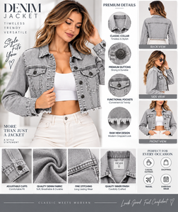 Veste en jean courte pour femme, couleur unie, manches longues, col rabattu, ourlet effiloché, respirante, style camionneur, pour le printemps - Product Image 4