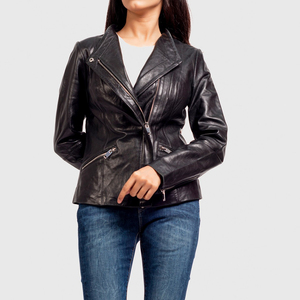 Women's Black Genuine <b>Leather</b> Moto <b>Jacket</b> Full Sleeve Stand Collar Zipper Closure Autumn Style - Product Image 6
