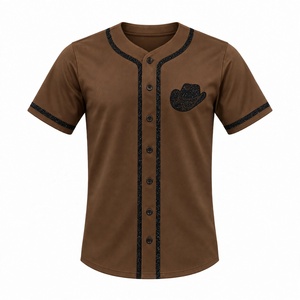 Custom Wholesale <b>Men</b> Dark Brown <b>Cowboy</b> Hat Glitter Trim Patch Baseball Jersey Vintage Button Down Hip Hop Team Uniform <b>Shirt</b> - Product Image 1