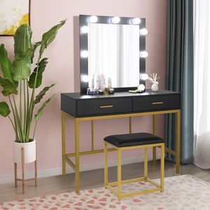 Sgabello da toeletta nero con specchio illuminato, sedia imbottita in legno massello per casa e hotel, gambe in metallo, contenitore integrato - Product Image 2