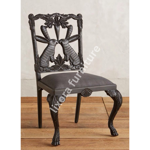 Chaise de salle à manger de luxe en bois massif, sculptée à la main, avec motif lapin orné, assise rembourrée noir mat - Product Image 5